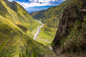Mafate Circus Galets river and mountains in Reunion Island in Indian Ocean