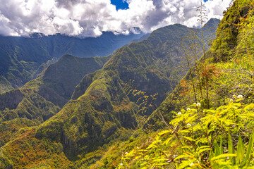 Mafate Circus Galets river and mountains in Reunion Island in Indian Ocean