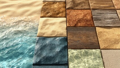 Abstract tiles. Water, sand, stone, wood textures mix