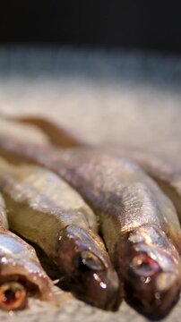 Pandaka pygmaea Turkish fried anchovy (hamsi tava), lemons and onion are served with white plate in black. High quality 4k footage