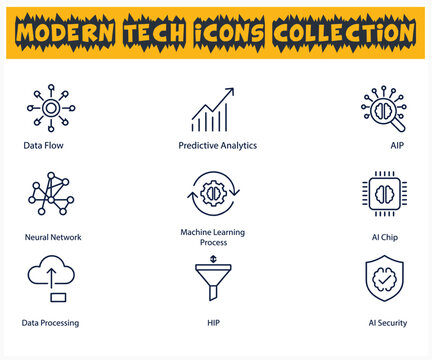 A collection of modern technology icons representing data ai and network concepts