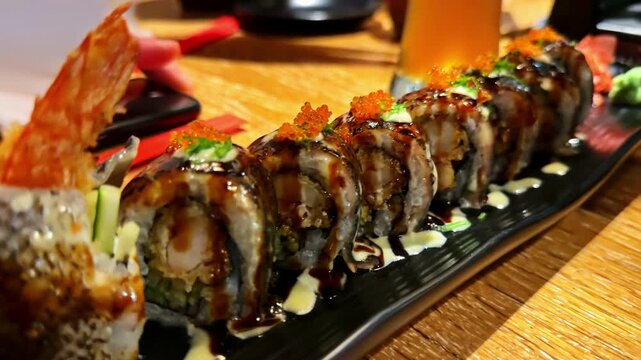 A beautifully presented sushi fish dish on a long plate. Panning shot.