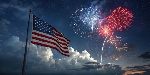 American flag waving during Independence Day fireworks celebration at sunset sky.