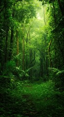 Fototapeta premium Vibrant, lush green tropical jungle environment featuring dense foliage and exotic plant growth in a humid, natural forest setting, foliage, shadow., Tropical