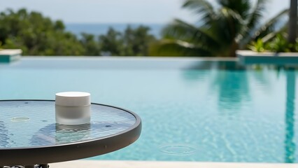 Luxurious skincare product by serene poolside setting