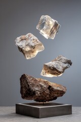 Floating rocks, one grounded, grey background, clean