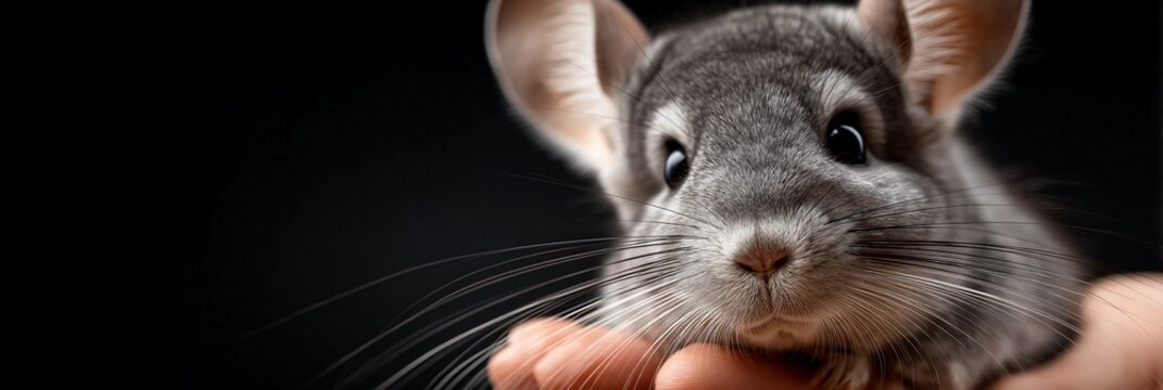 A chinchilla is in a person's hand