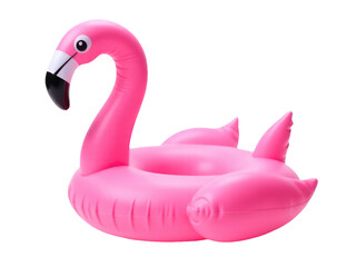 A pink inflatable flamingo floating on a white background, ideal for decorative or illustrative purposes