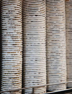 Stacks of ice cream cups in a shop display