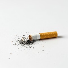A stubbed out cigarette filter and long, scattered gray ash resting messily on a stark white surface, showing the remnants of smoking addiction ,stubbed ,messy ,detail