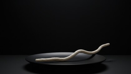 A Single Strand of Cooked Spaghetti on a Black Plate Against a Dark Backdrop with Dramatic Lighting
