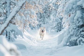 Playful Canine Journey Through Frosty Woods, Happy Dog Navigating Snowy Forest Path With Vibrant Energy