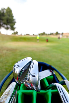Golf clubs in a bag on a lush green course