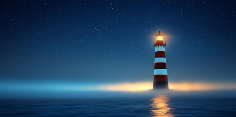 Lighthouse on Calm Sea at Night