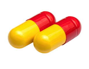 Two red-and-yellow capsules, close-up
