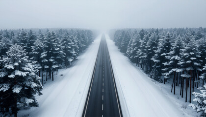 Aerial view of empty winter highway surrounded by snowy forest, calm cold atmosphere