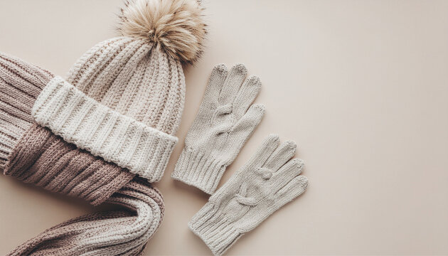 Minimal winter clothing flat lay with knitted accessories on soft neutral background