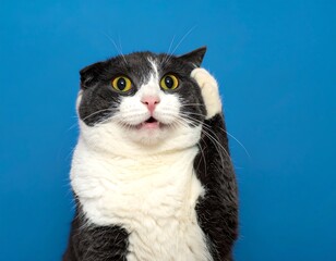 A surprised cat with a thoughtful expression