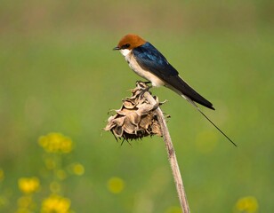 A swallow perched on a dried sunflower head