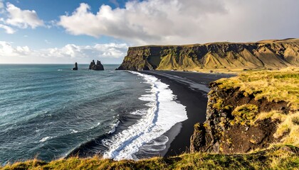 A sweeping vista of a black sand beach, with rugged cliffs and dramatic rock formations in the distance, under a cloudy sky