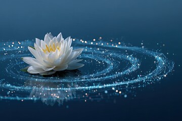 White lotus on still water with swirling blue digital particles around it