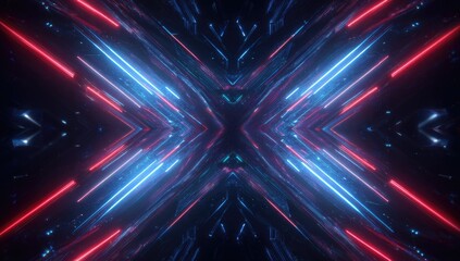 Symmetrical, abstract pattern with neon red and blue diagonal light streaks