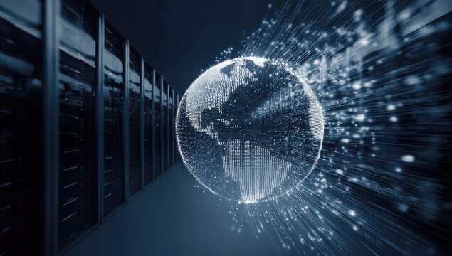 Server room with glowing Earth, data streams - Powered by Adobe