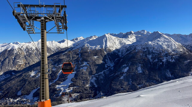 Winter cable car on Austrian ski slopes in the Alps
