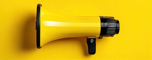 Yellow megaphone with black accents on bright yellow backdrop, angled view