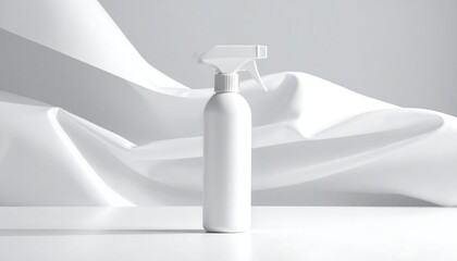 A tall, white, trigger-spray bottle stands on a reflective surface against a stylized, white, flowing fabric backdrop