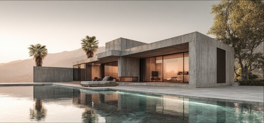 Concrete modern house with pool and mountain view at sunset
