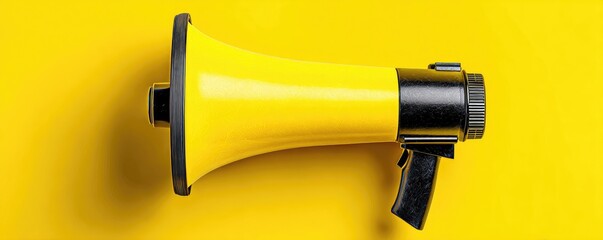 Bright yellow & black megaphone lies on solid yellow background casting soft shadow