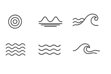 Oceanic Wave Harmony. Line style icons of oceanic wave harmony: ripple ring, balanced tide, calm sea, surf curve, wave rhythm,
