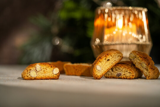 Delicious cantuccini almond cookies with candlelight