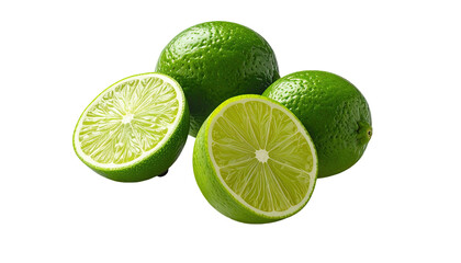 Green limes, two whole, two halves, on black background