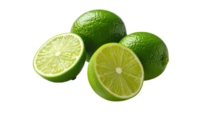 Green limes, two whole, two halves, on black background