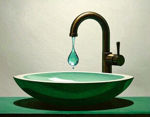 A teal sink with a single water drop