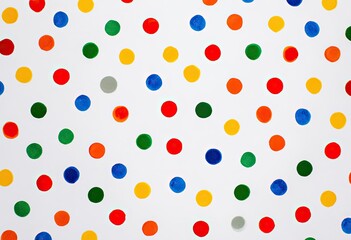 Playful polka dots in bright primary colors on white background, random arrangement