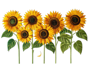 A vibrant watercolor illustration of seven bright yellow sunflowers with green stems and leaves