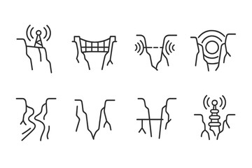 Gorge Sound Network Icons. Line style icons of gorge sound networks: cliff transmitter, sound bridge grid, vibration relay node,