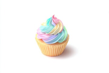 Colorful cupcake with pastel swirl frosting, light base on white background