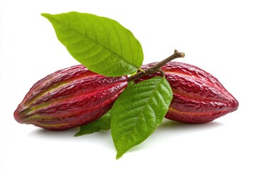 Two ripe, reddish-purple cacao pods with green leaves and stem, on a white backdrop