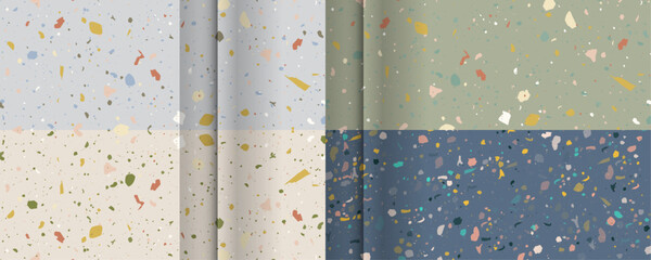 Set seamless terrazzo patterns. Pattern for ceramics marble natural stone. Vector stock illustration textured shapes in vibrant colors