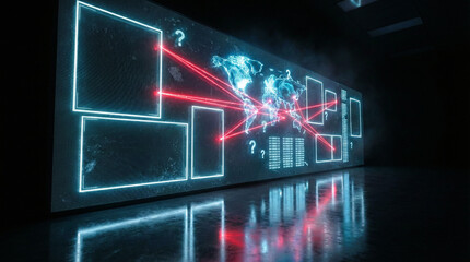 Futuristic Digital World Map with Red Laser Connection Lines