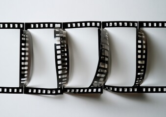 Curled filmstrip with blank frames against a white backdrop, casting subtle shadows