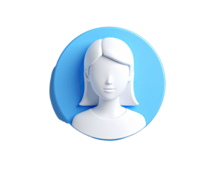 A 3D rendered avatar of a woman with short hair inside a blue speech bubble