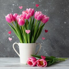 Fototapeta premium A delightful spring arrangement featuring soft pink tulips adorned with small, decorative hearts, symbolizing affection and tender love ,love ,decoration ,anniversary