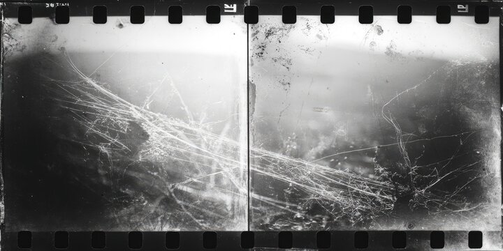 Aged black and white film with tangled lines, light leaks, and grainy texture