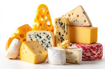 Assortment of various cheeses, showcasing diverse textures, colors, and shapes, set against white