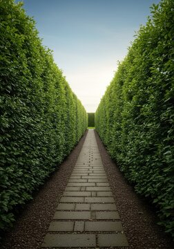 A peaceful pathway made of natural stones bordered by tall green manicured hedges on both sides leading into the distance ,formal, landscape, outdoor